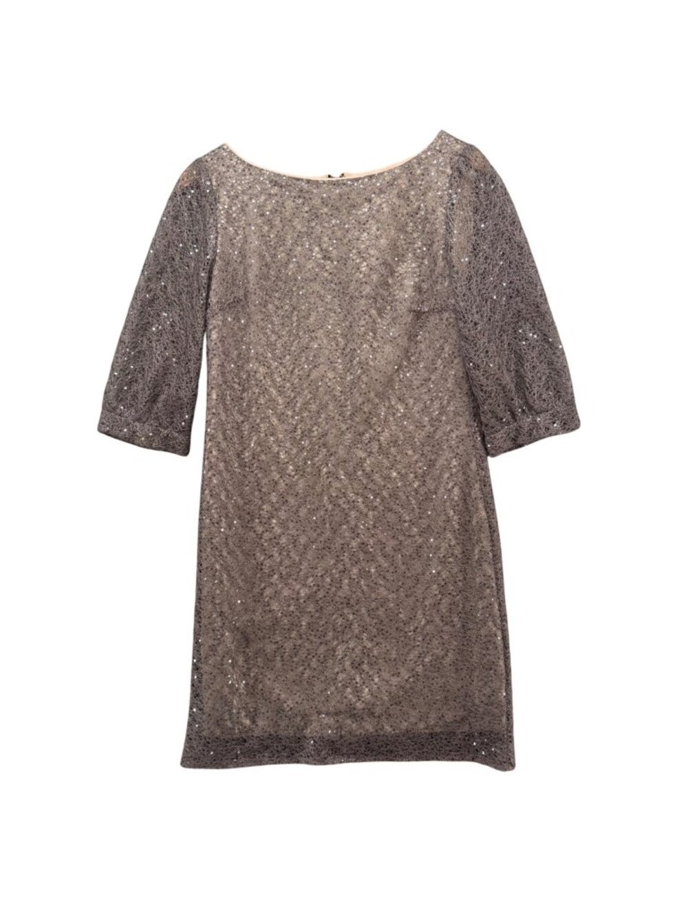 Lula Kate Metallic Lace Shift Dress Beige Sequin 3/4 Sleeve Boatneck Size 2